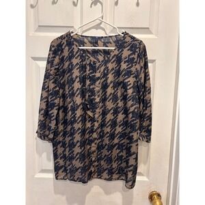 Gap Womens Large Silk Blend Abstract Houndstooth Ruffle V-Neck 3/4 Sleeve Blouse